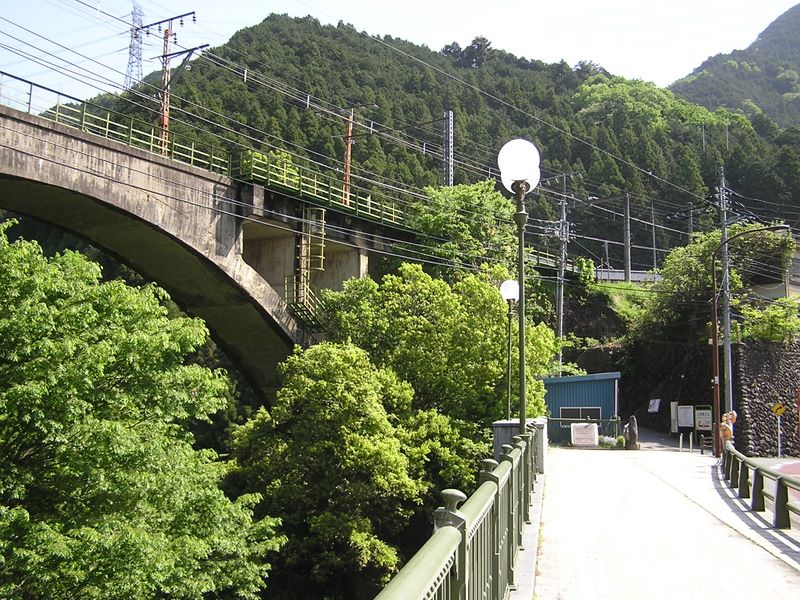 棒ノ折山から岩茸石山 -- 大正橋（緑の欄干）と奥多摩線