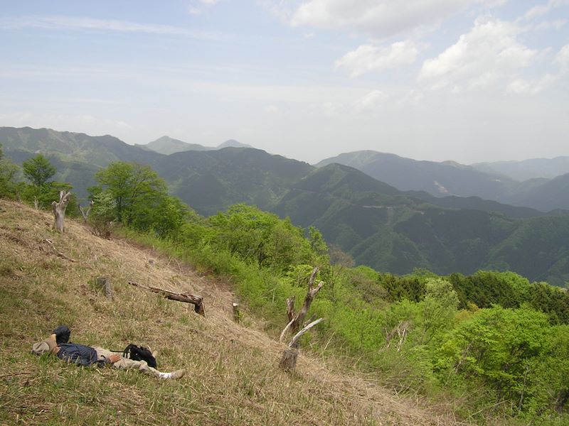 棒ノ折山から岩茸石山 -- 奥武蔵の山並みを望む斜面でくつろぐ人