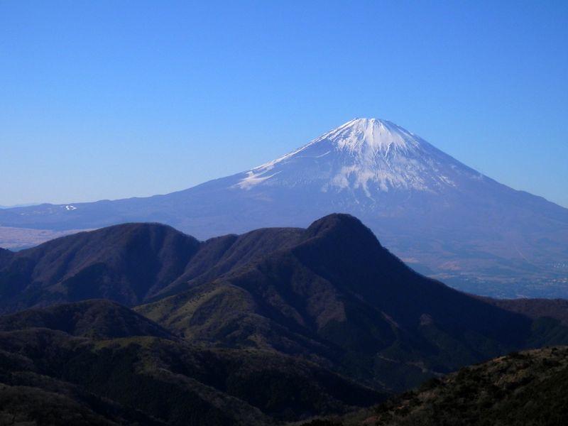 明神ヶ岳山頂より、富士山と金時山を望む