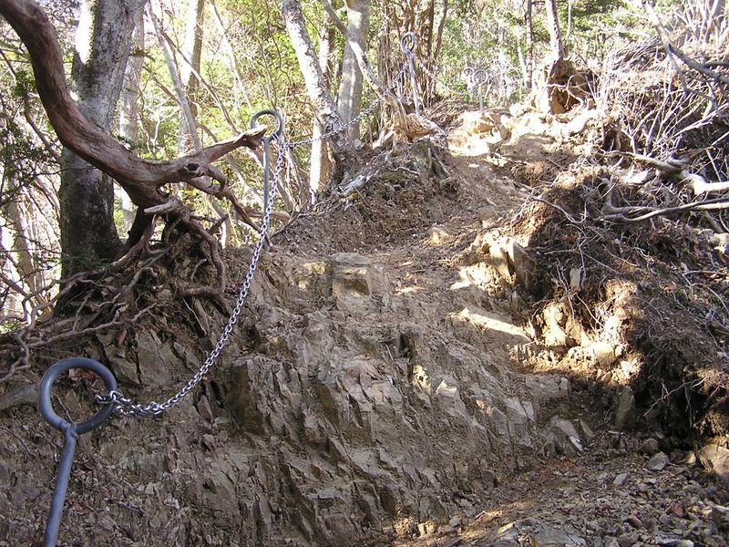 三峰山 -- 鎖は、登山者がヤセ尾根から足を踏み出さないよう