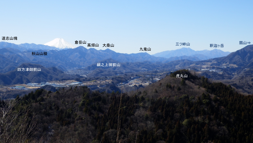 八重山展望台より望む、道志、富士山、前道志、三ツ峠山ほか