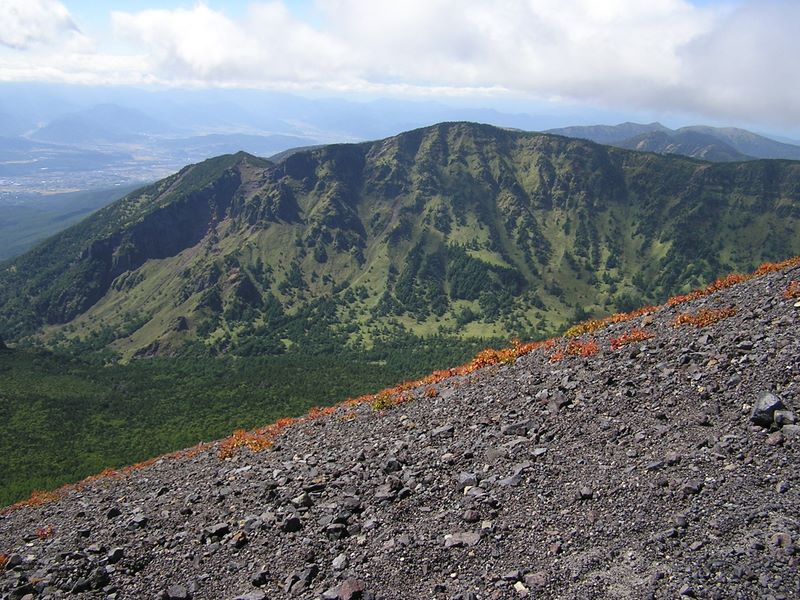 浅間山より、第１外輪山を望む　オレンジ色はオンタデ