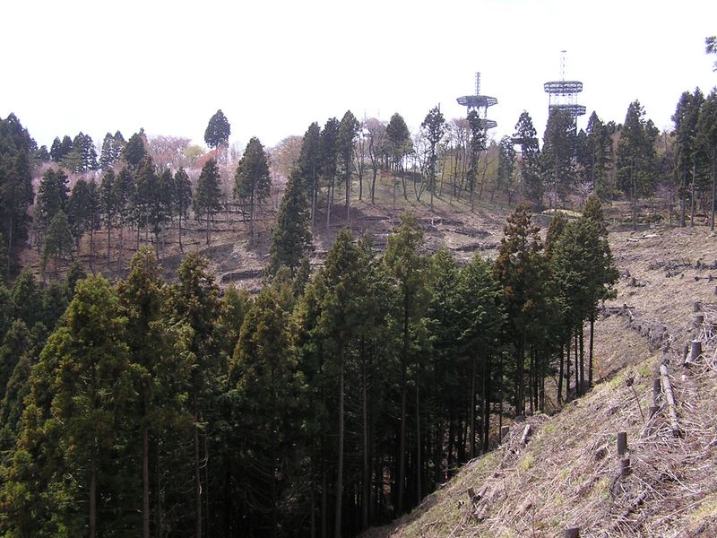 日影林道から城山 -- 城山山頂の無線アンテナと、左の稜線の桜並木
