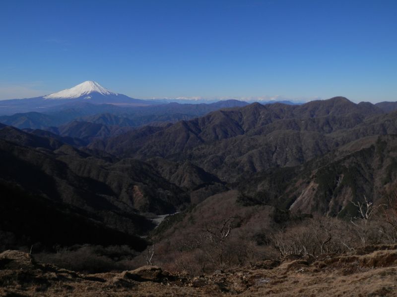 塔ノ岳山頂より、檜洞丸、同角山稜、富士山を望む