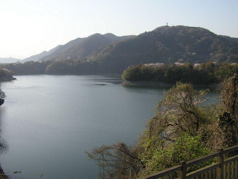 城山と津久井湖 -- 花の苑地から南高尾山稜と津久井湖を望む